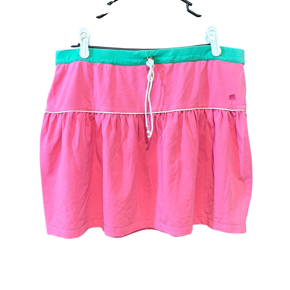 Lilly Pulitzer Pink Green Ruffle Mini Skirt XL Palm Tree Drawstring Tenniscore